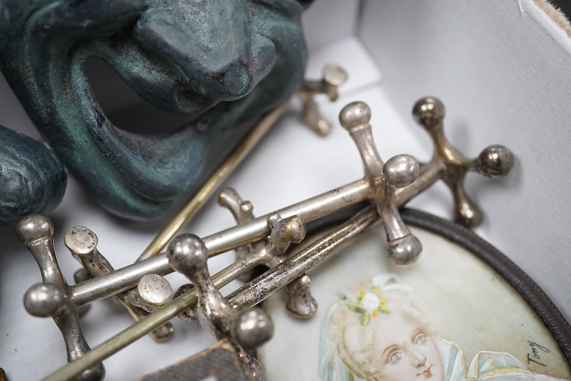 Sundry items to include a silver commemorative spoon, collection of marbles, brass candlestick and a souvenir treen ruler